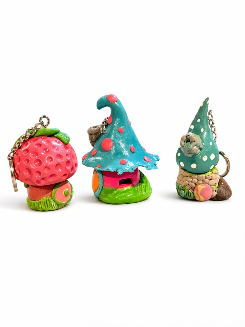 Fairy Village Trio/Whimsical Mini Mushroom Gnome Hollow Keychain/Bag Charm Trio